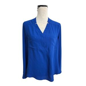 Nine West Royal Blue Split Neck Long Sleeve Blouse Size M Pocket Front
